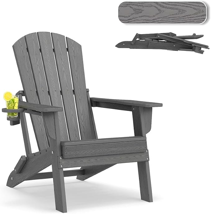 Folding Adirondack Chair, HDPE Outdoor Patio Chair with Cup Holder, All Weather Plastic Lawn Chair with Wide Armrests, Portable Patio Chair for Backyard Deck Garden Fire Pit Poolside, Grey