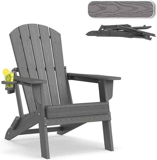 Folding Adirondack Chair, HDPE Outdoor Patio Chair with Cup Holder, All Weather Plastic Lawn Chair with Wide Armrests, Portable Patio Chair for Backyard Deck Garden Fire Pit Poolside, Grey