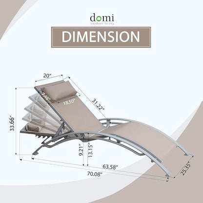 Domi Pool Lounge Chairs Set of 2, Adjustable Aluminum Outdoor Chaise Lounge Chairs, All Weather for Deck Lawn Poolside Backyard -Beige Textilene
