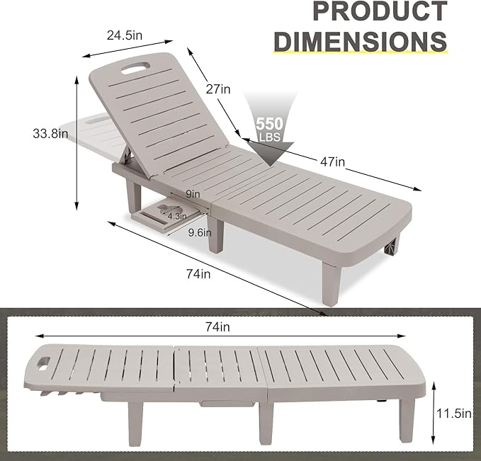 CDCASA Chaise Lounge Outdoor, Multi-Functional Pool Lounge Chairs w/5 Adjustable Positions & Side Tray, Waterproof Resin Lounges for Poolside,Yard,Garden,Sunbathing, for All Weather, Grey