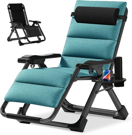NAIZEA Padded Zero Gravity Chair, Folding Outdoor Lounge Chairs, Adjustable Reclining Camping Chairs with Cup Holder, Ergonomic Patio Lawn Chair for Balcony Beach Deck Yard