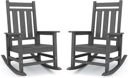 KINGYES Oversized Outdoor Rocking Chair Set of 2, All-Weather Patio Rocking Chairs for Porch, HDPE Outdoor Patio Rockers with High Back & Wide Seat for Garden, Lawn, Gray