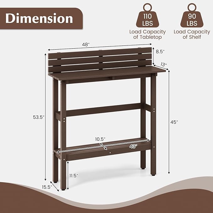 Tangkula Outdoor Bar Table, 48 Inch Patio Pub Height Table with Storage Shelf & Adjustable Foot Pads - Photo 3