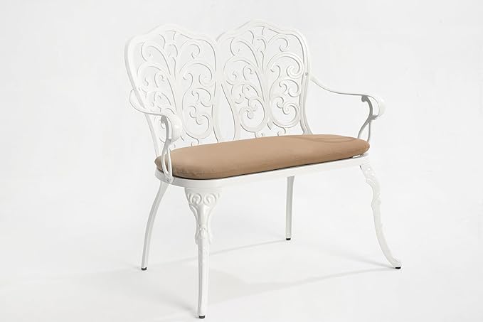 Patio Garden Bench Metal Park Bench Cast Aluminum Outdoor Furniture with Floral Rose for Patio,Park,Lawn,Yard with Cushion White