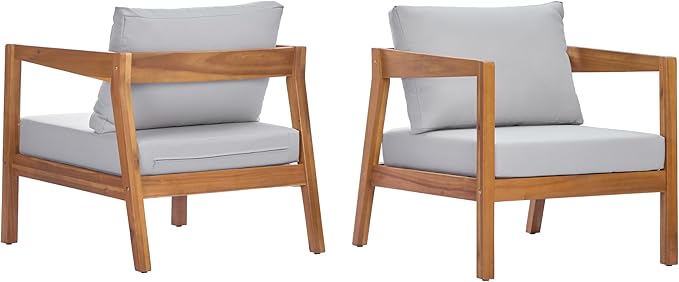 Merax 2 Set 25" Acacia Solid Wood Outdoor Lounge Chair, Teak Finish Frame with Light Grey Cushion, Patio & Garden Chair, Teak+Light Grey