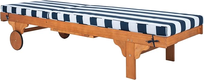 SAFAVIEH Outdoor Collection Newport Natural/ Navy & White Stripe Cushion Built-in Side Table Adjustable Chaise Lounge Chair