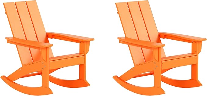 WestinTrends Ashore Patio Rocking Chairs Set of 2, All Weather Poly Lumber Plank Adirondack Rocker Chair, Modern Farmhouse Outdoor Rocking Chairs for Porch Garden Backyard and Indoor, Orange