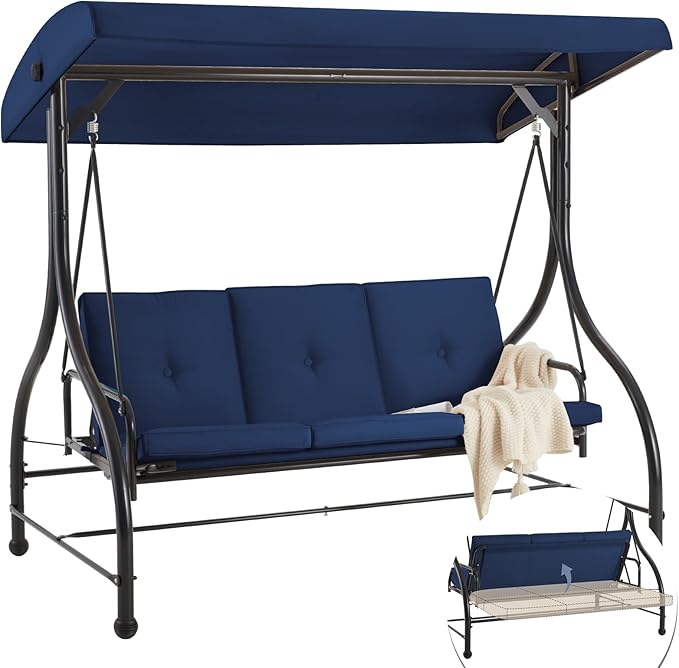 AECOJOY Porch Swing Chair, 3 Seats Porch Swing Adjustable Canopy Outdoor Swing with Stand Patio Swing Bed with - Photo 7