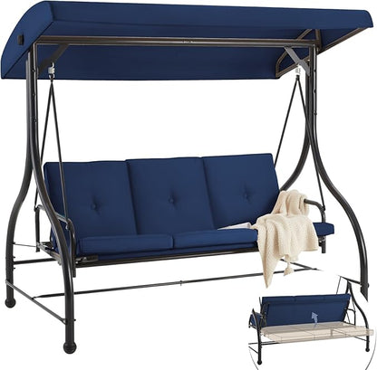 AECOJOY Porch Swing Chair, 3 Seats Porch Swing Adjustable Canopy Outdoor Swing with Stand Patio Swing Bed with Removable Blue Cushions