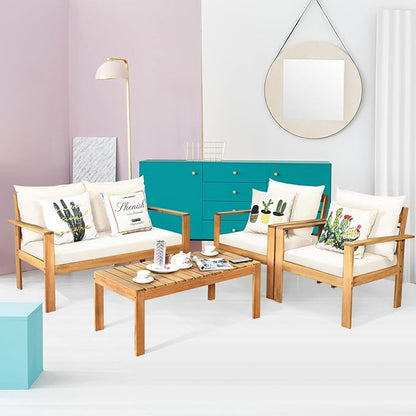 COSTWAY 4 Pieces Outdoor Acacia Wood Sofa Set, Outdoor Conversation Sofa Set with Table & Cushions Porch Chairs for Garden, Patio, Deck