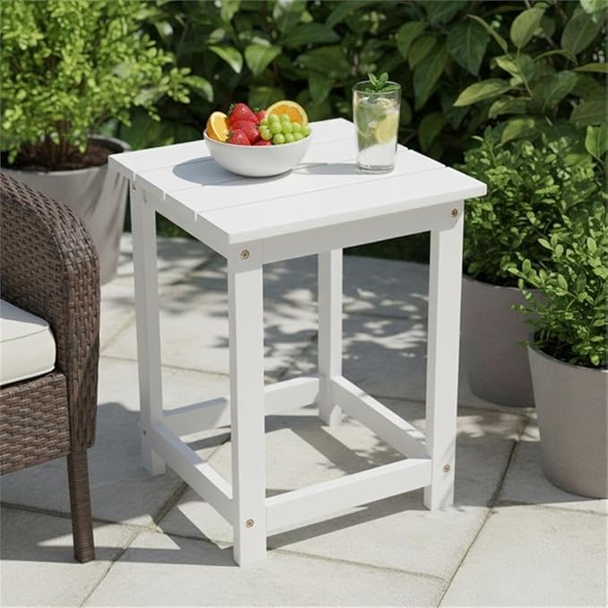 Pemberly Row Modern Acacia Wood Outdoor Patio Side Table, White Finish, Durable Weather-Resistant Construction, Slatted Design, Indoor/Outdoor Use for Patio, Garden, Living Room or Bedroom