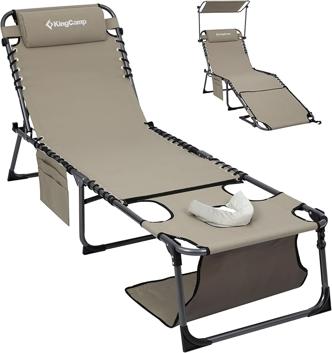 KingCamp Lounge Chair with face Hole & Canopy Shade, 400LBS Folding Portable Tanning Chair with face Hole, Adjustable 5-Position Foldable Beach Sun Tanning Chair for Outside Beach Patio Outdoor Pool