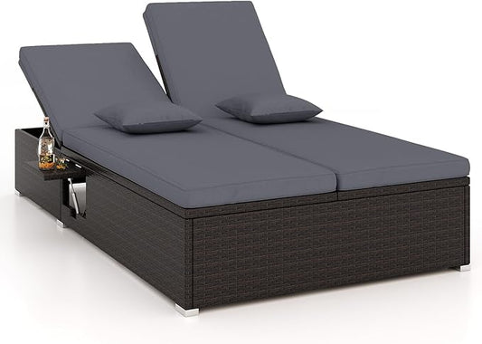 Tangkula Outdoor Rattan Daybed with 6-Level Adjustable Backrests, 2-Person Adjustable Wicker Recliner Bed with Cushions & Folding Side Trays, Double Sunbed Lounger for Balcony, Backyard & Poolside