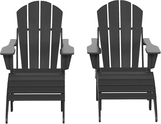 WestinTrends Malibu Outdoor Lounge Chair Set, 4-Pieces Adirondack Chair Set of 2 with Ottoman, All Weather Poly Lumber Patio Lawn Folding Chair for Outside Pool Beach, Gray