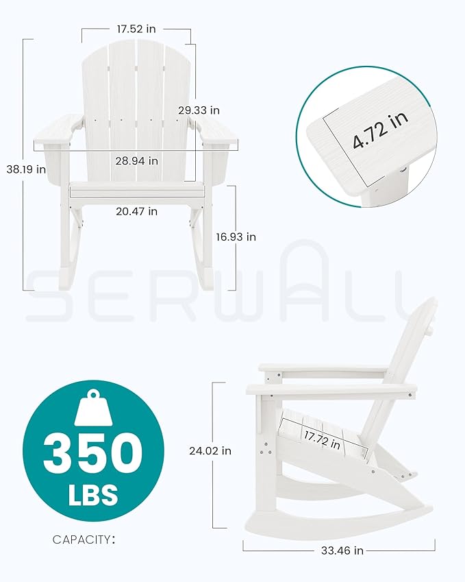 SERWALL Outdoor Adirondack Rocking Chairs Set of 2, All-Weather HDPE Adirondack Rocker Chair, Front Porch Rocker Chairs for Patio Lawn Porch Deck, White