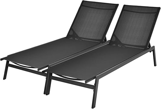 Giantex Chaise Lounge Chair Patio - Tanning Chair w/ 6 Position Adjustable Backrest, Breathable Fabric, Chaise Lounger for Outside, Poolside, Backyard, Lawn, Garden, Outdoor Lounge Chair (2, Black)