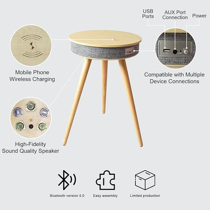 Louis Donné Smart End Table with Bluetooth Speakers, Round Side Table with Wireless Charger, Smart Coffee Table for Outdoor Pool Parties Patio Camping, 360 Degree Premium Sound (Log Color)