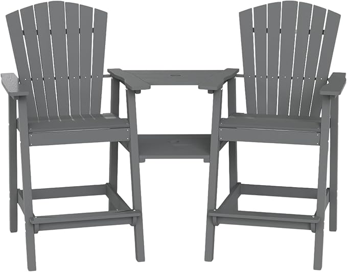 Kingdura Tall Adirondack Chairs Set of 2 with Removable Connecting Tray & 2" Umbrella Hole, Weather-Resistant HDPE Bar Height Outdoor Chairs, Wood-Look Balcony Bar Stools for Patio, Deck, Porch (Grey)