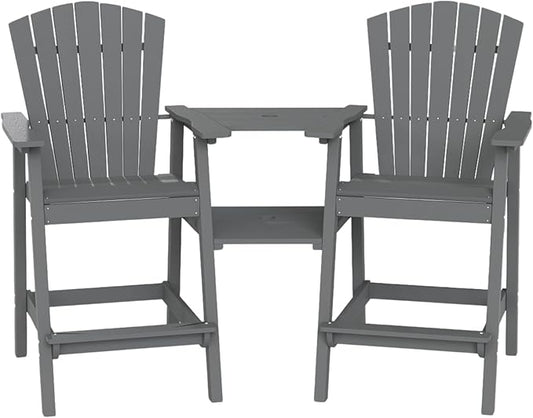Kingdura Tall Adirondack Chairs Set of 2 with Removable Connecting Tray & 2" Umbrella Hole, Weather-Resistant HDPE Bar Height Outdoor Chairs, Wood-Look Balcony Bar Stools for Patio, Deck, Porch (Grey)