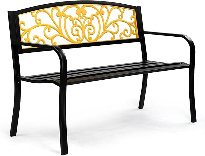50" Outdoor Garden Bench Metal Patio Park Bench Elegant Porch Deck Loveseat with PVC Carved Pattern Backrest,Black Yellow