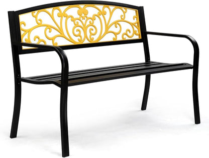 50" Outdoor Garden Bench Metal Patio Park Bench Elegant Porch Deck Loveseat with PVC Carved Pattern Backrest,Black Yellow