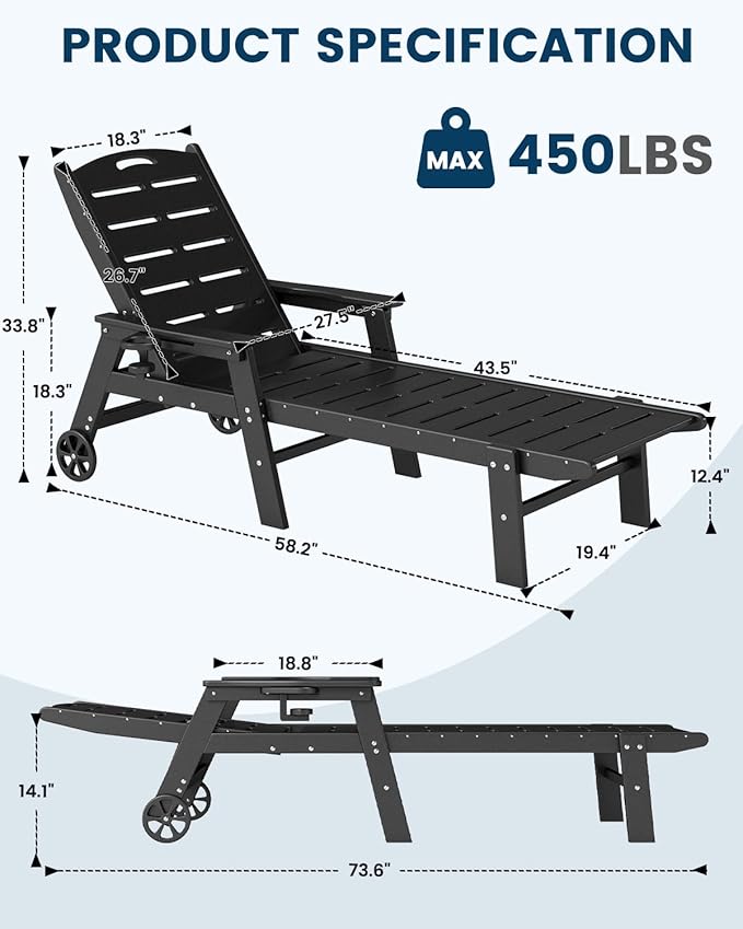 FOOWIN Chaise Lounge Chair，HDPE Lounge Chair Outdoor with 5 Positions,Oversized Pool Lounge Chairs with Rolling Wheels & Cup Holder for Poolside Deck Backyard,Black