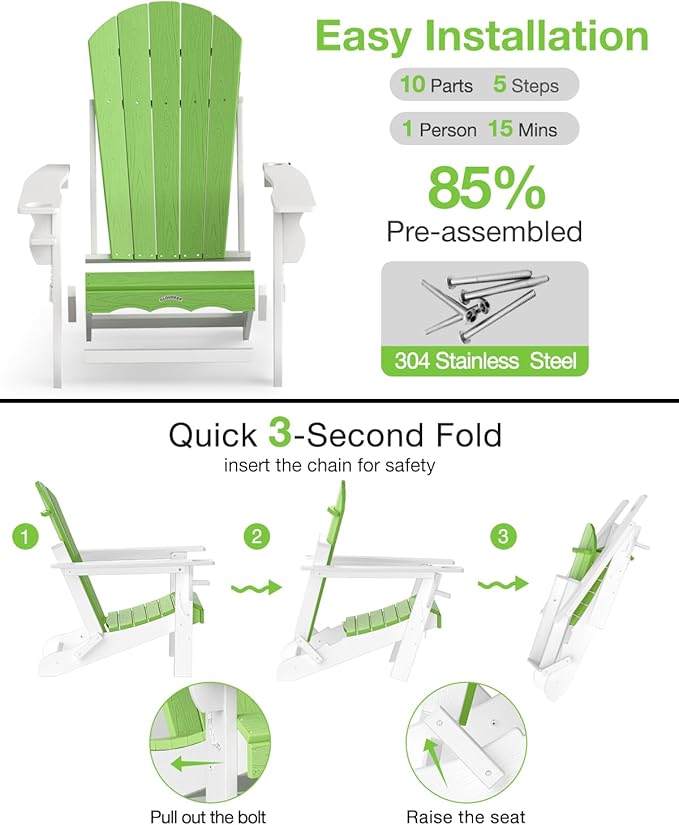 Folding Adirondack Chair –Recyclable HDPE Outdoor Adirondack Patio Chair with Cup Holder, Wood Texture & Umbrella Hole - Photo 8