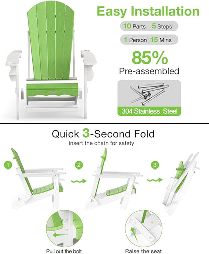 Folding Adirondack Chair –Recyclable HDPE Outdoor Adirondack Patio Chair with Cup Holder, Wood Texture & Umbrella Hole, 25-Year Fade-Free All Weather for Fire Pit, Porch, Poolside, Deck, Lime & White