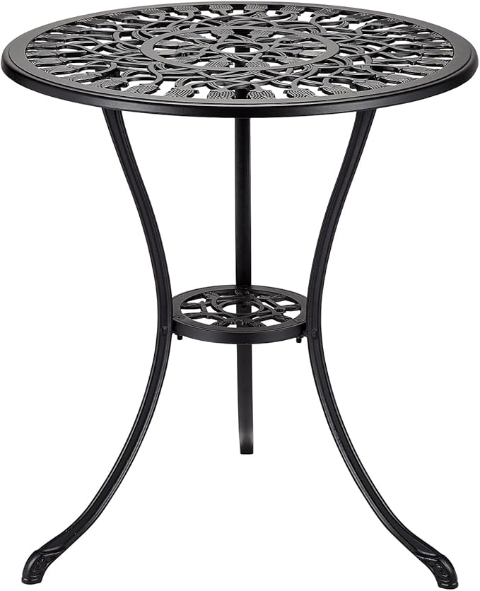 24" Cast Aluminum Patio Bistro Table with Umbrella Hole, Outdoor Round Coffee Bistro Side Table, Anti-Rust Outdoor Furniture for Backyard, Garden, Porch, Pool, Balcony, Retro Black