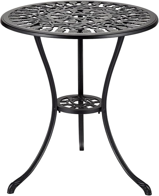 24" Cast Aluminum Patio Bistro Table with Umbrella Hole, Outdoor Round Coffee Bistro Side Table, Anti-Rust Outdoor Furniture for Backyard, Garden, Porch, Pool, Balcony, Retro Black