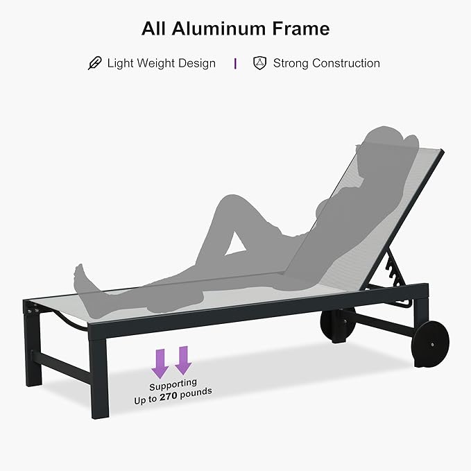 PURPLE LEAF Patio Lounge Chair Set for 4 Outdoor Chaise Lounge with Adjustable Backrest and Easy-to-Move Wheels - Photo 5