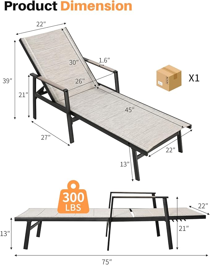 Outdoor Chaise Lounge, Never-Rust Aluminum Patio Lounge Chair, Double-Layer Textilene Pool Lounge Chair with 6-Position Adjustable Backrest, Sunbathing Lounger for Beach, Poolside, Deck, Yard