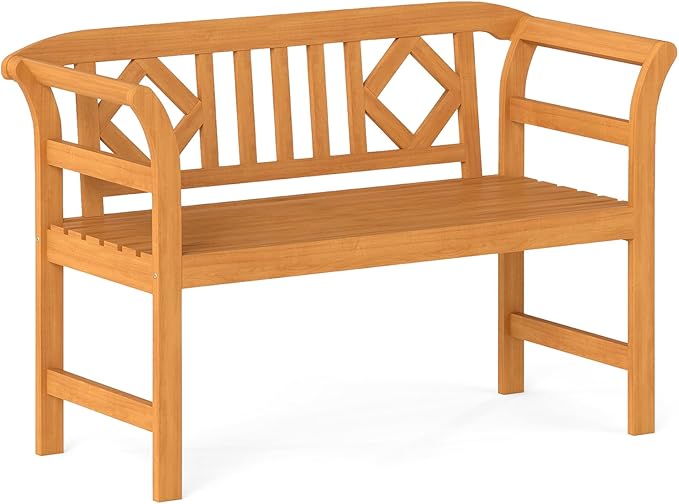 Tangkula Acacia Wood Outdoor Bench with Diamond Backrest, 2-Person Patio Wood Bench with Curved Armrests, Slatted Seat, Garden Bench Loveseat for Park, Yard, Lawn, Patio, 800 LBS Max Load