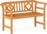 Tangkula Acacia Wood Outdoor Bench with Diamond Backrest, 2-Person Patio Wood Bench with Curved Armrests, Slatted Seat - Photo 1