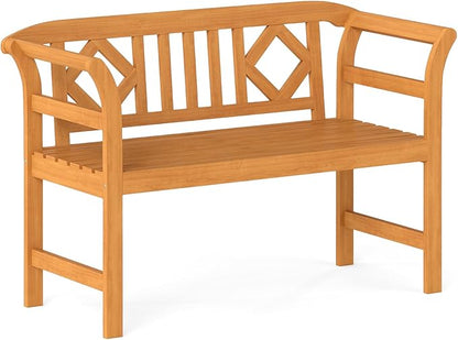Tangkula Acacia Wood Outdoor Bench with Diamond Backrest, 2-Person Patio Wood Bench with Curved Armrests, Slatted Seat, Garden Bench Loveseat for Park, Yard, Lawn, Patio, 800 LBS Max Load