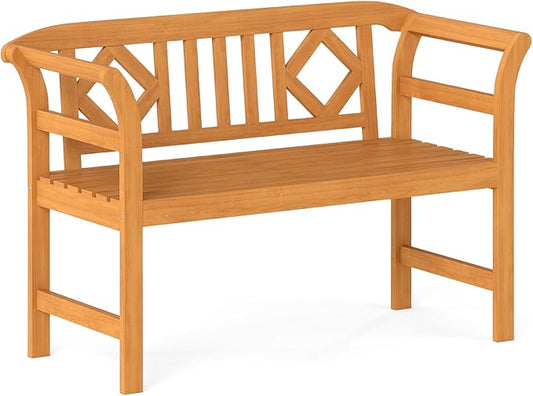 Tangkula Acacia Wood Outdoor Bench with Diamond Backrest, 2-Person Patio Wood Bench with Curved Armrests, Slatted Seat, Garden Bench Loveseat for Park, Yard, Lawn, Patio, 800 LBS Max Load