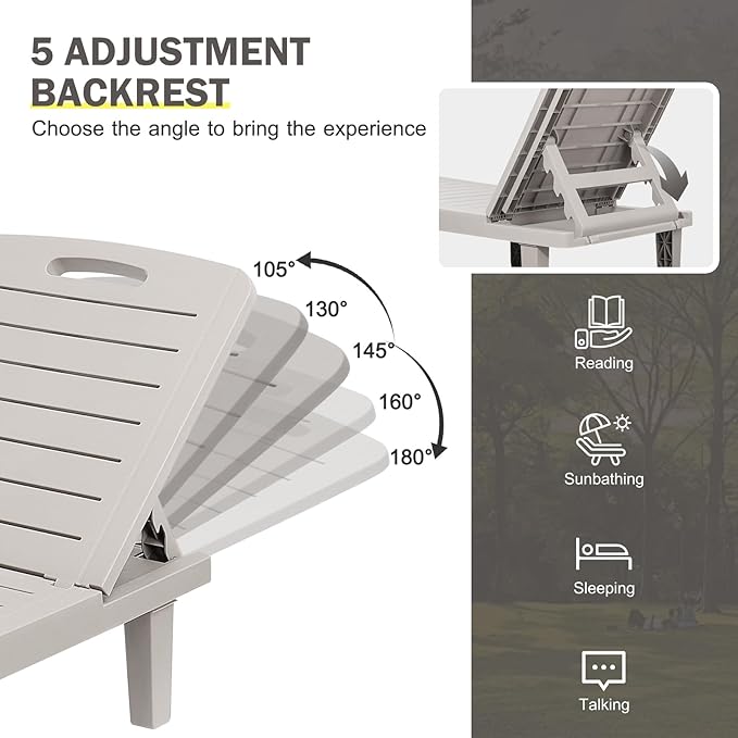 CDCASA Outdoor Chaise Lounge Set of 3, Pool Lounge Chairs w/5 Adjustable Positions & Side Tray, Waterproof Resin Lounges for Poolside,Yard,Garden,Sunbathing, for All Weather, Grey