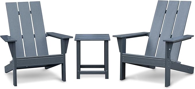Grey Outdoor Adirondack Chair Set of 2 and Table, Ergonomic All-Weather Fire Pit Patio Lawn Chairs for Backyard Garden Deck Balcony