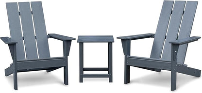 Grey Outdoor Adirondack Chair Set of 2 and Table, Ergonomic All-Weather Fire Pit Patio Lawn Chairs for Backyard Garden Deck Balcony