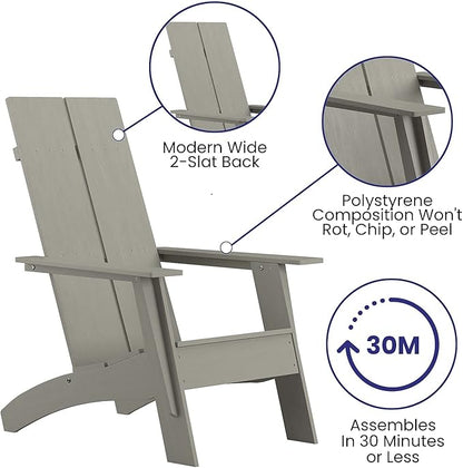 Flash Furniture Set of 2 Sawyer Modern 2-Slat Back Adirondack Chairs - Gray All-Weather Poly Resin Lounge Chairs