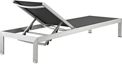 Modway Shore Aluminum Textilene® Mesh Outdoor Patio Four Poolside Chaise Lounge Chairs in Silver Black