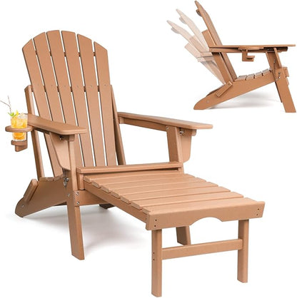 FUNBERRY Adjustable Folding Adirondack Chair with Retractable Ottoman, All Weather Fire Pit Chairs with Cup Holder