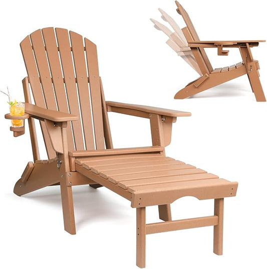 FUNBERRY Adjustable Folding Adirondack Chair with Retractable Ottoman, All Weather Fire Pit Chairs with Cup Holder