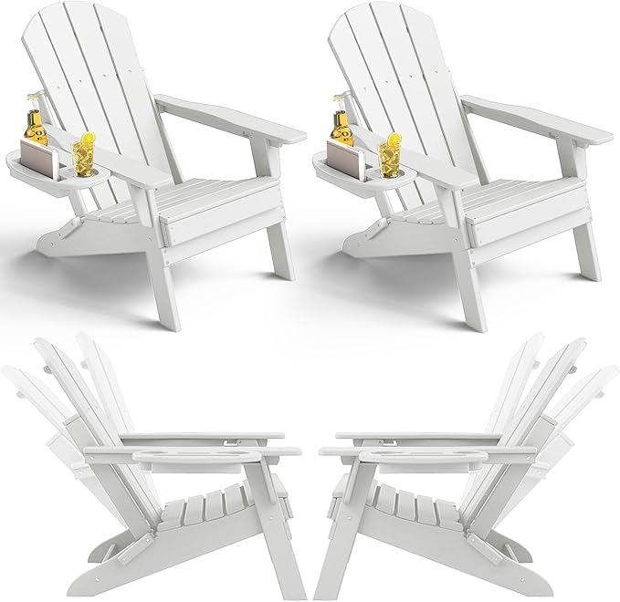 Adjustable Adirondack Chair Set of 4 with Cup Holder, All Weather HDPE Fire Pit Chairs for Deck, Backyard, Patio, White