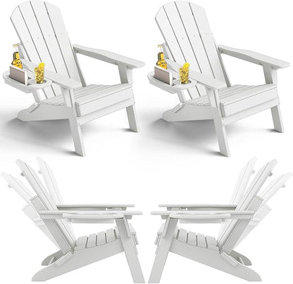 Adjustable Adirondack Chair Set of 4 with Cup Holder, All Weather HDPE Fire Pit Chairs for Deck, Backyard, Patio, White
