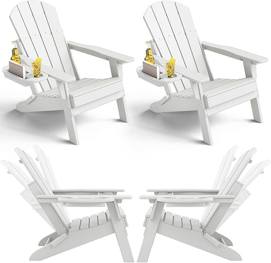 Adjustable Adirondack Chair Set of 4 with Cup Holder, All Weather HDPE Fire Pit Chairs for Deck, Backyard, Patio, White