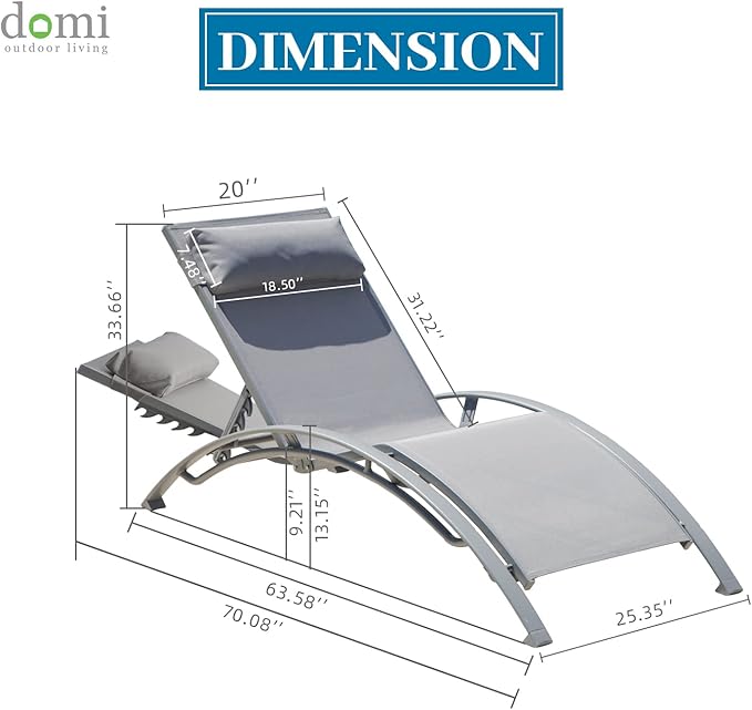 Domi Lounge Chair Set of 2, Aluminum Lounge Chairs for Outside with 5 Adjustable Positions, Chaise Lounge Outdoor for Pool, Garden, Beach, Camping, Backyard (Gray)