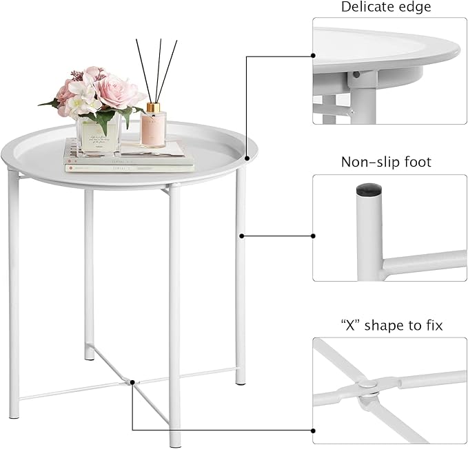 VECELO Side/End Table, Folding Round Metal Anti-Rust and Waterproof Outdoor or Indoor Tray for Living Room Bedroom - Photo 9