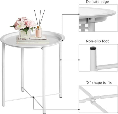 VECELO Side/End Table, Folding Round Metal Anti-Rust and Waterproof Outdoor or Indoor Tray for Living Room Bedroom Balcony and Office, 2 PCS, Beige