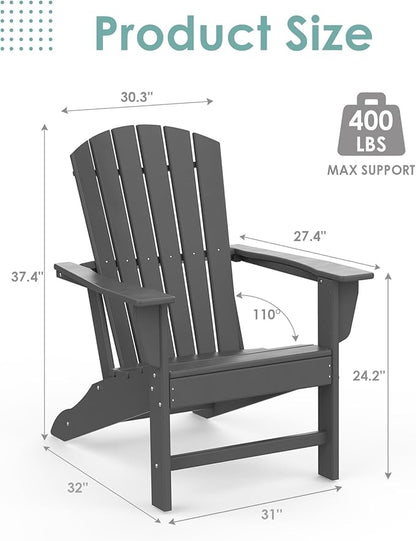 IVY&LANE Adirondack Chairs Set of 2 | HDPE Plastic | Outdoor Fire Pit Chairs | Oversized | All-Weather | Grey | for Outside Deck Backyard Patio Poolside Porch Lawn